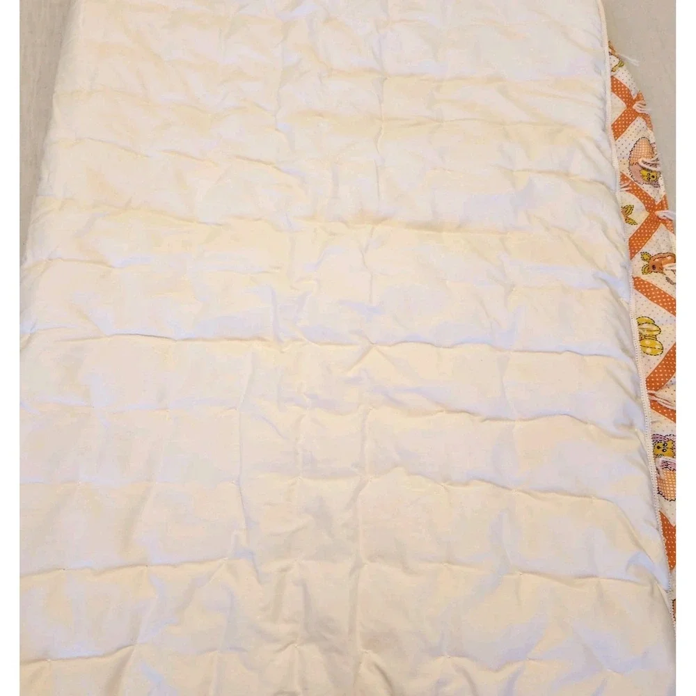 Vtg 70s Handmade Tied Baby Crib Quilt Animals & Polka Dots Orange Mod Nursery